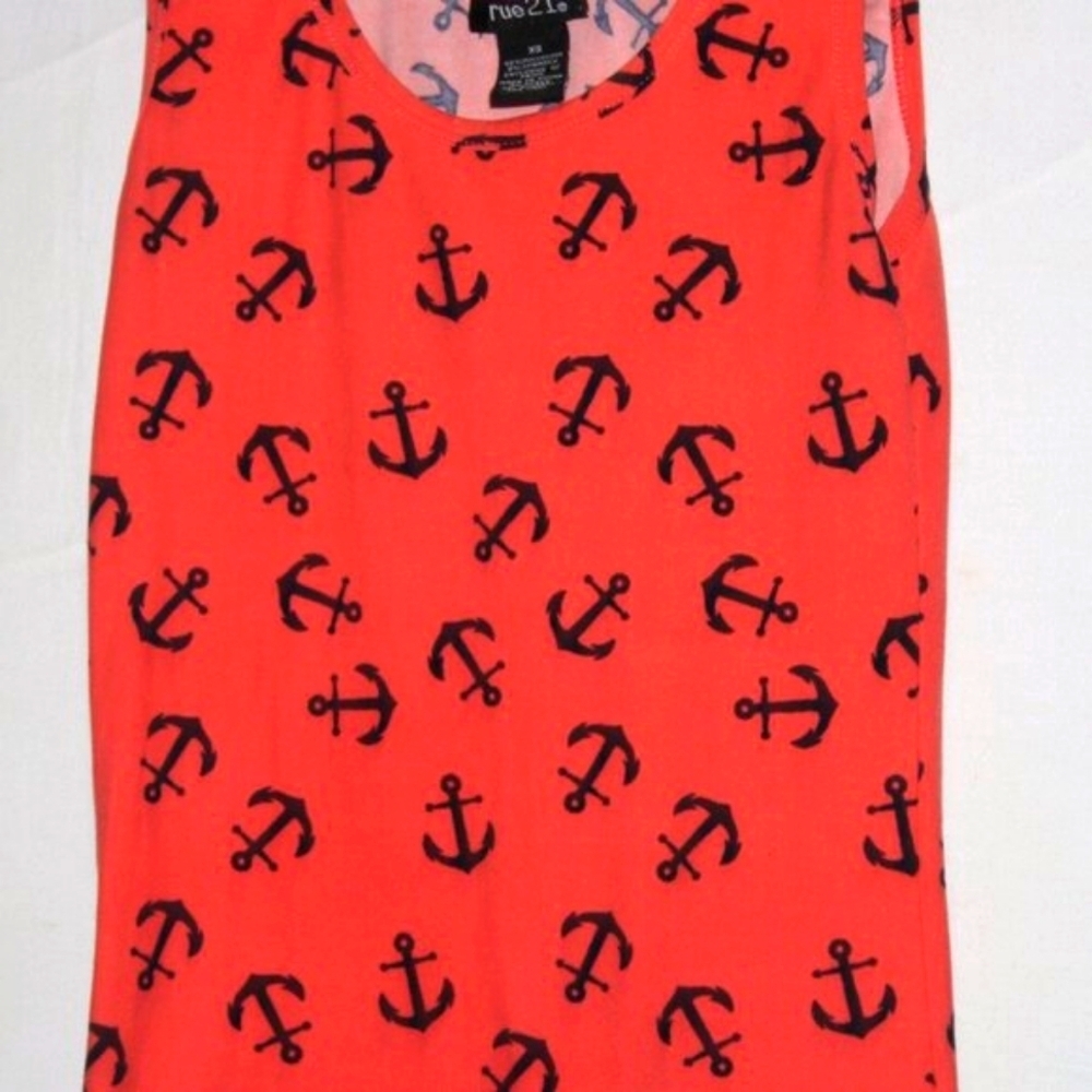 Rue 21 Women's Nautical Anchor Print Tank Top XS – Coral & Black, Stretch Knit - Picture 2 of 7